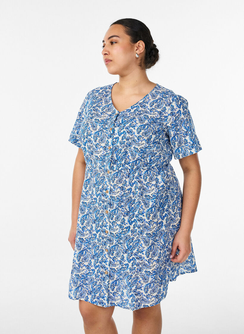 Kort bomullskjole med blomstertrykk, Bl&aring;, Model image number 0