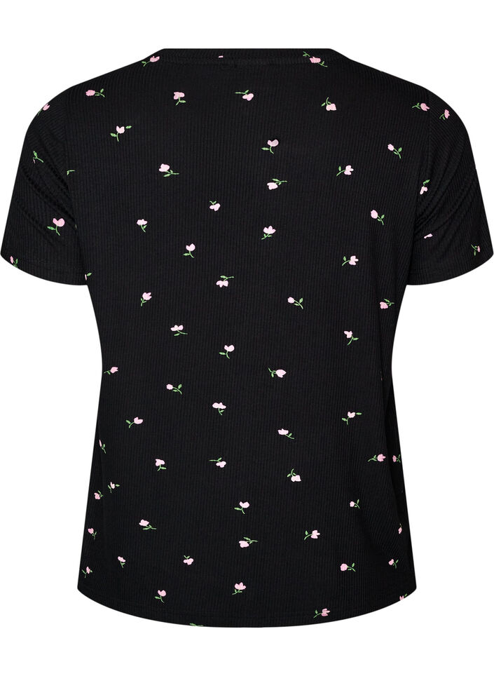 Pyjamatopp med blomstertrykk og ribbet tekstur, Svart, Packshot image number 1