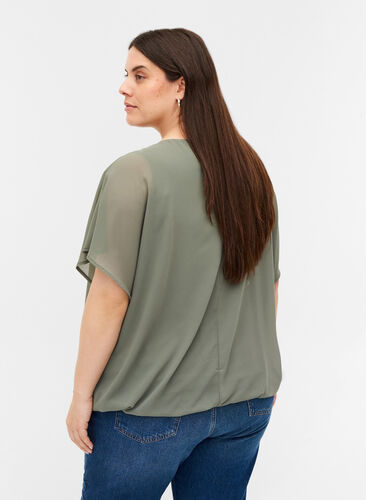 Kort bluse med løse mesh ermer, Agave Green, Model image number 1