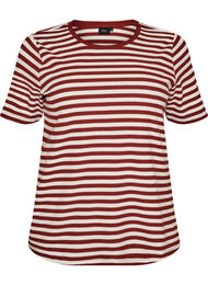 T-shirt med striper og ribbestrikket struktur, R&oslash;d