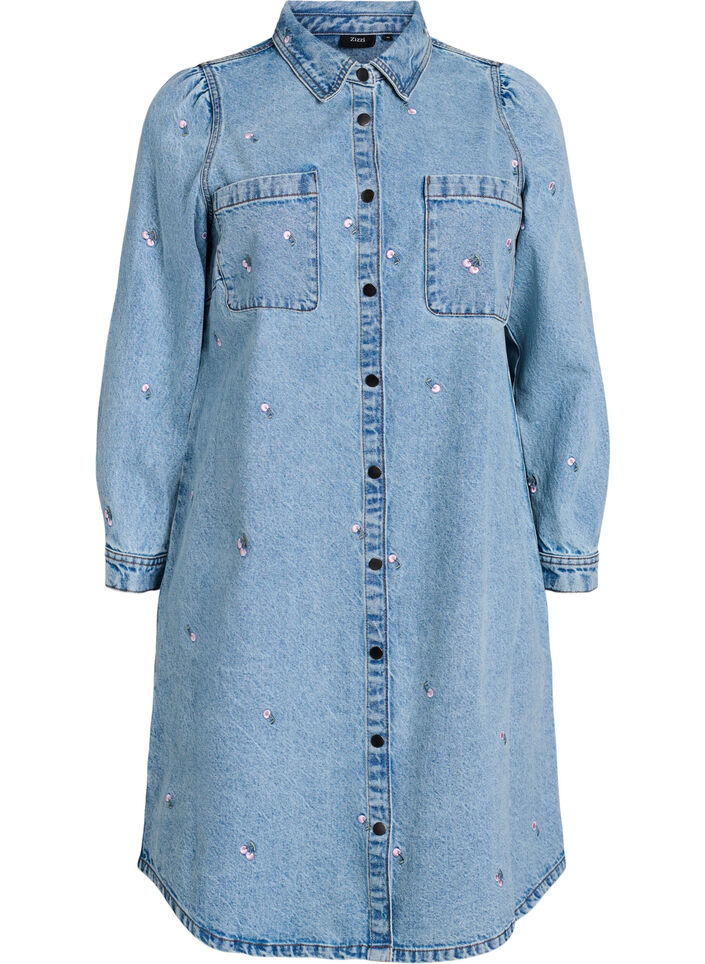 Denimkjole med kirsebær og brystlommer, Blå, Packshot image number 0