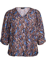 Bluse med V-hals og 3/4-ermer, Blå