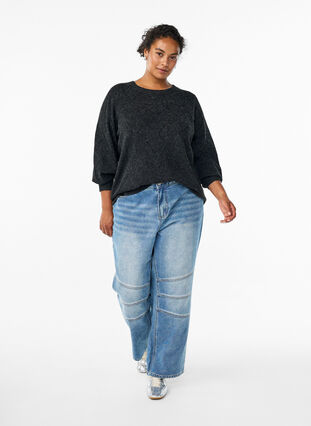 Zizzi Strikket topp med hullmønster og ballongermer, Grå, Model image number 1