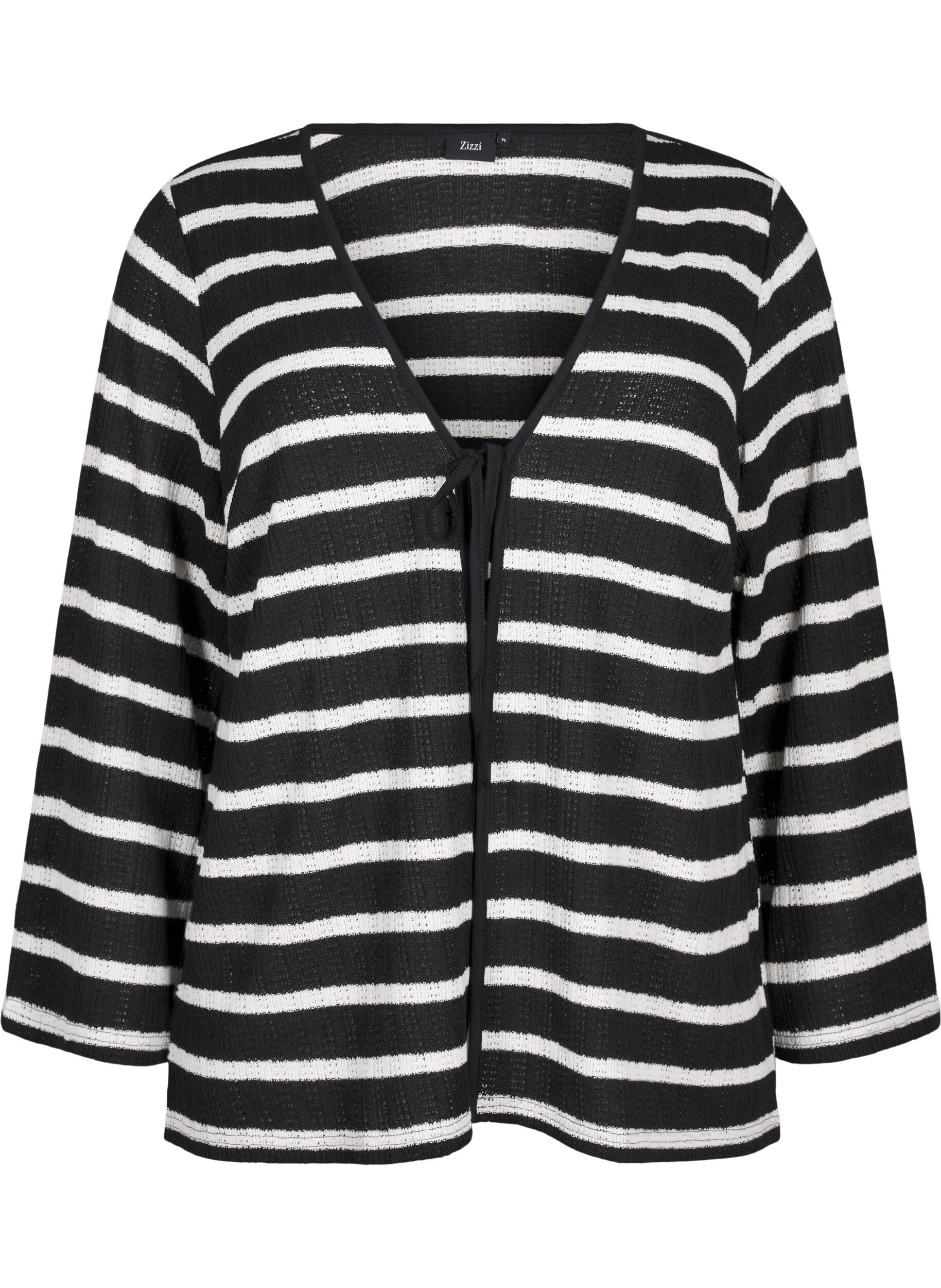 Zizzi Cardigan med knyteb&aring;nd, Black White stripe, Packshot image number 0