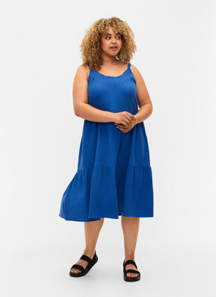 Ensfarget kjole med stropper i bomull, Victoria blue, Model image number 2