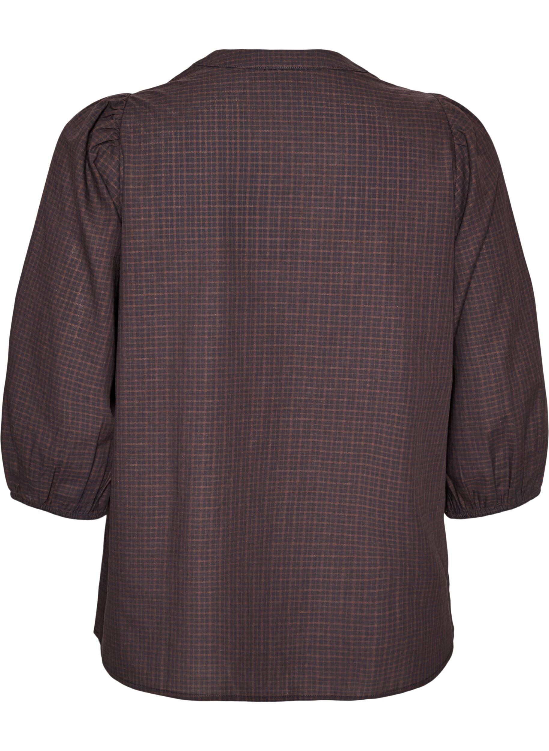ZizziRutete bluse med V-hals og 3/4-ermer, Brun, Packshot image number 1