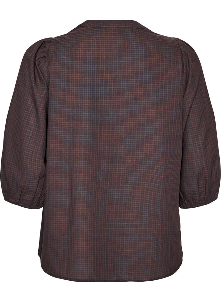 Rutete bluse med V-hals og 3/4-ermer, Brun, Packshot image number 1