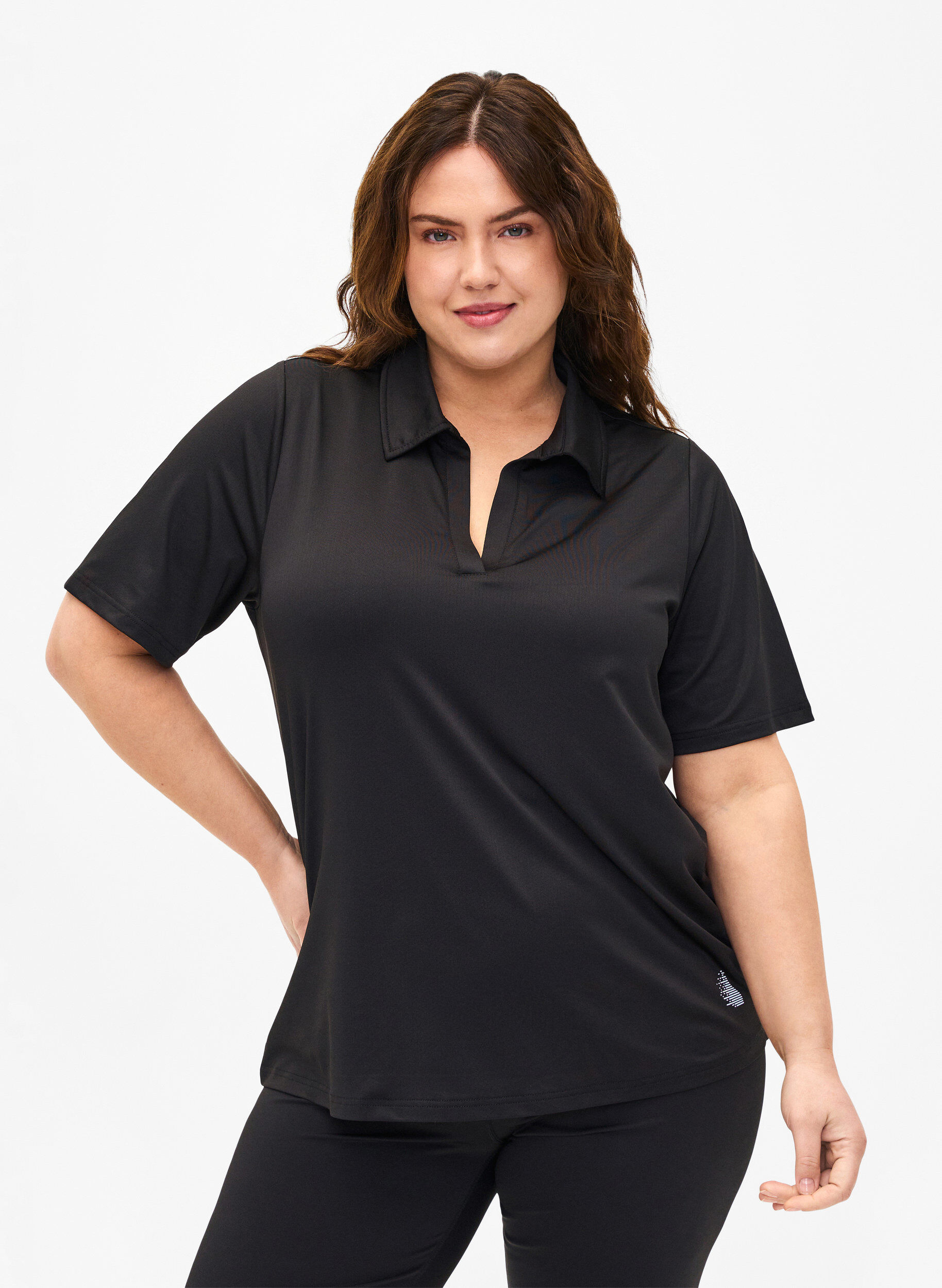 Zizzi Polo-T-skjorte med V-hals, Black, Model image number 0