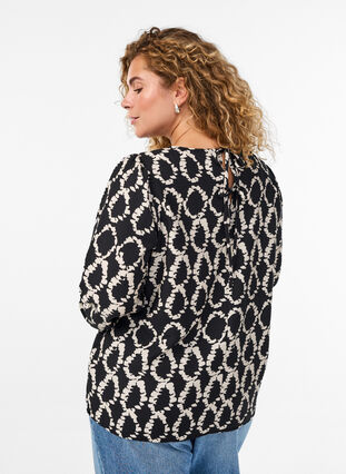 Zizzi Langermet bluse med trykk og sløyfer, Black ART AOP, Model image number 1