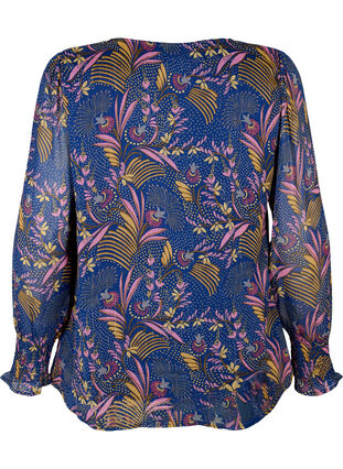 Blomstrete bluse med lange ermer og V-hals, Blue w. Pink Leaf, Packshot image number 1