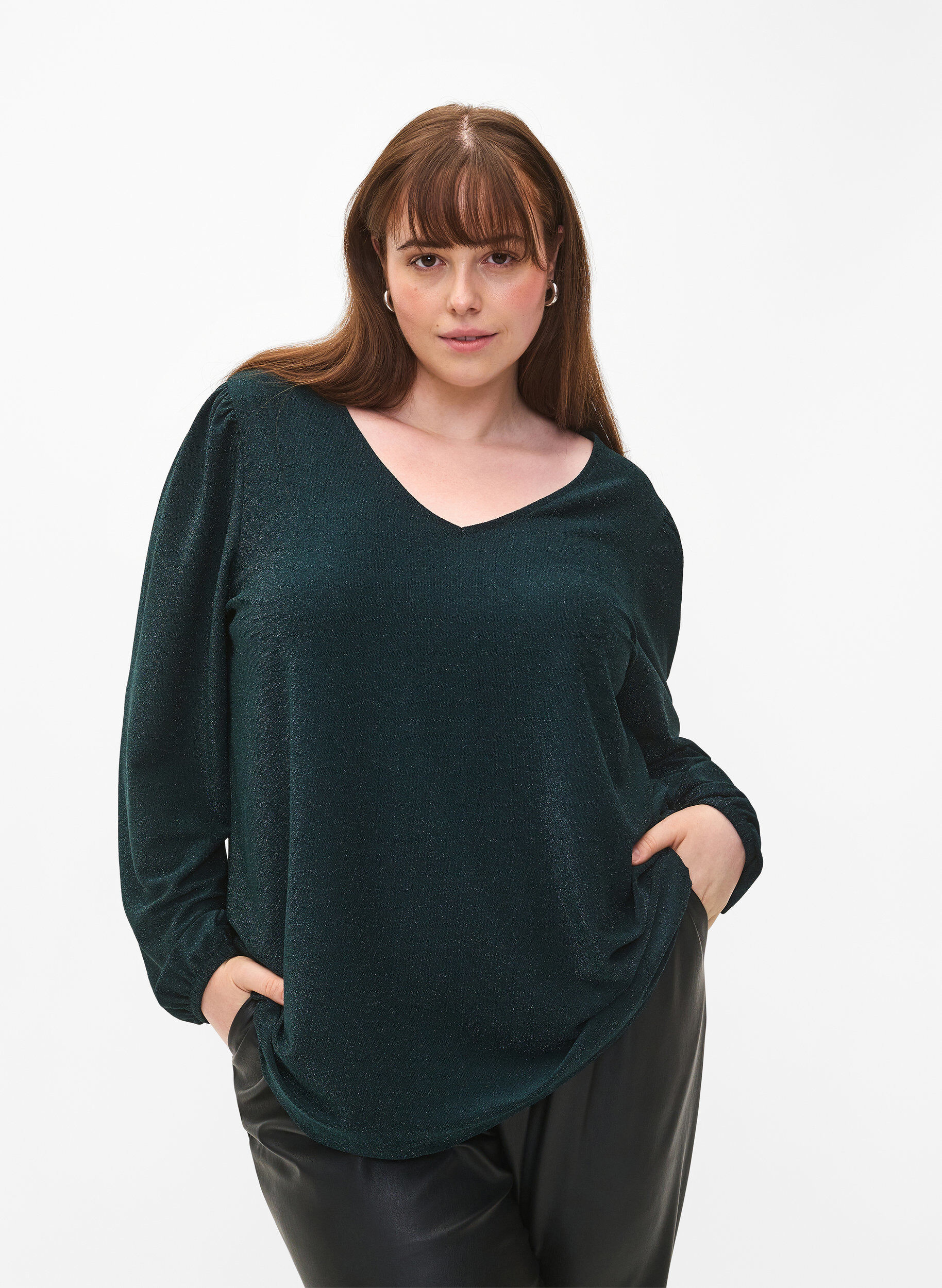 Zizzi Glitterbluse med puffermer, Black Scarab, Model image number 0