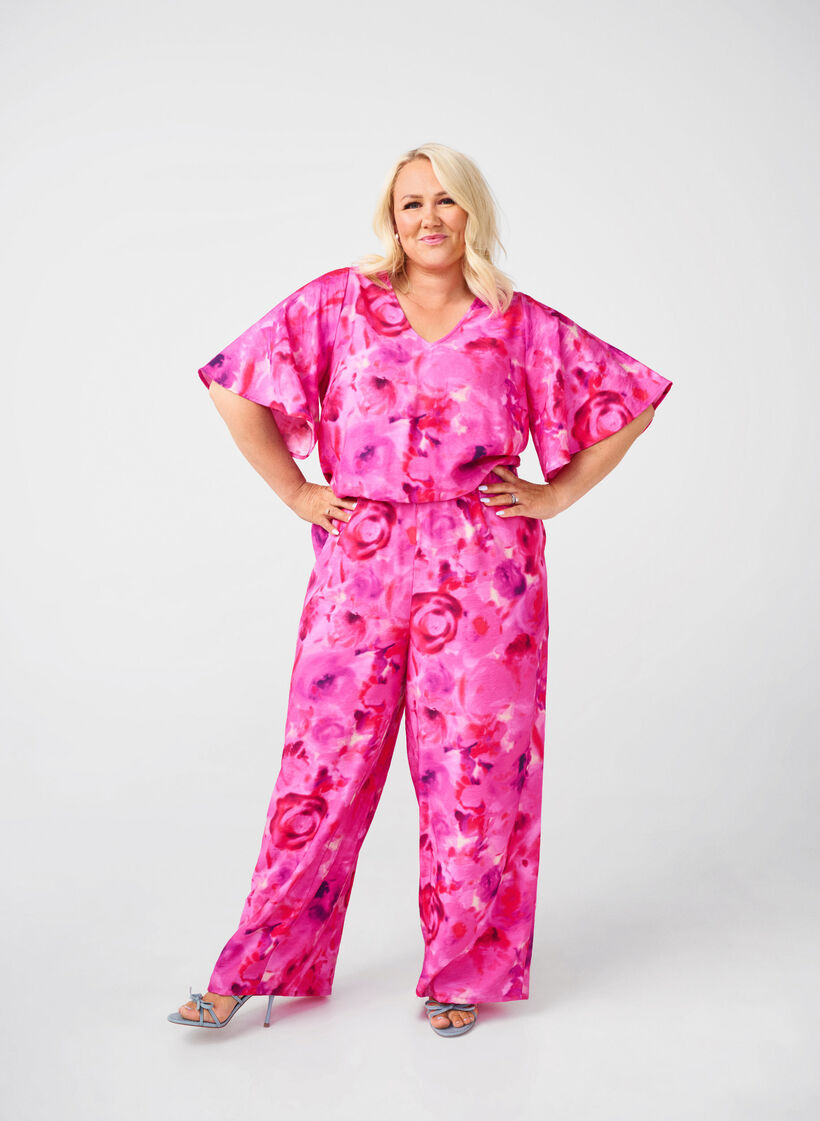 Blomstret jumpsuit med flaggermusermer, Pink Rose AOP, Image image number 0