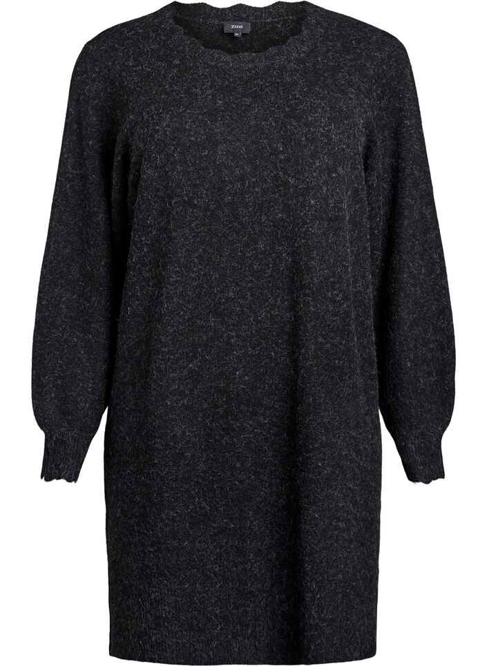 Kort strikket kjole med bølget fold og splitt, Grå, Packshot image number 0