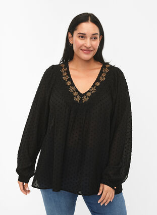 Prikkemønstret bluse med V-utringning og perler, Black w. Cobber, Model image number 0