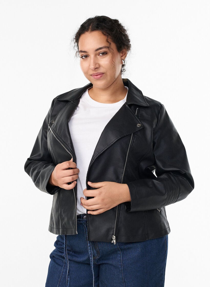 Biker jakke i imitert skinn, Svart, Model image number 0