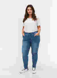 Cropped Amy jeans med høyt liv og sløyfe, Blue denim, Model
