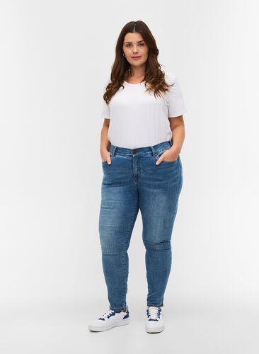 Cropped Amy jeans med høyt liv og sløyfe, Blue denim, Model image number 0