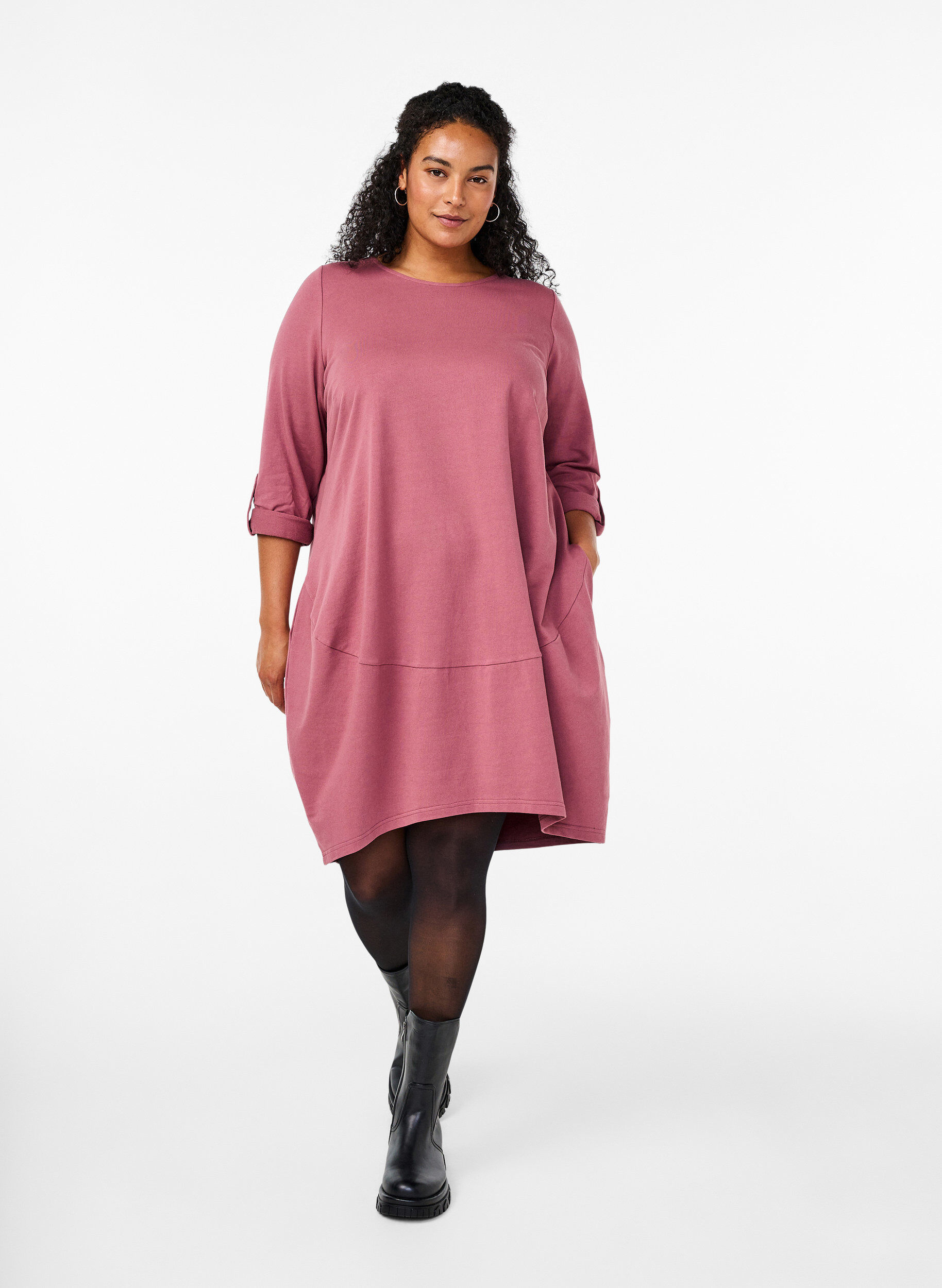 Zizzi Ballongkjole i bomull med lommer, Rosa, Model image number 1