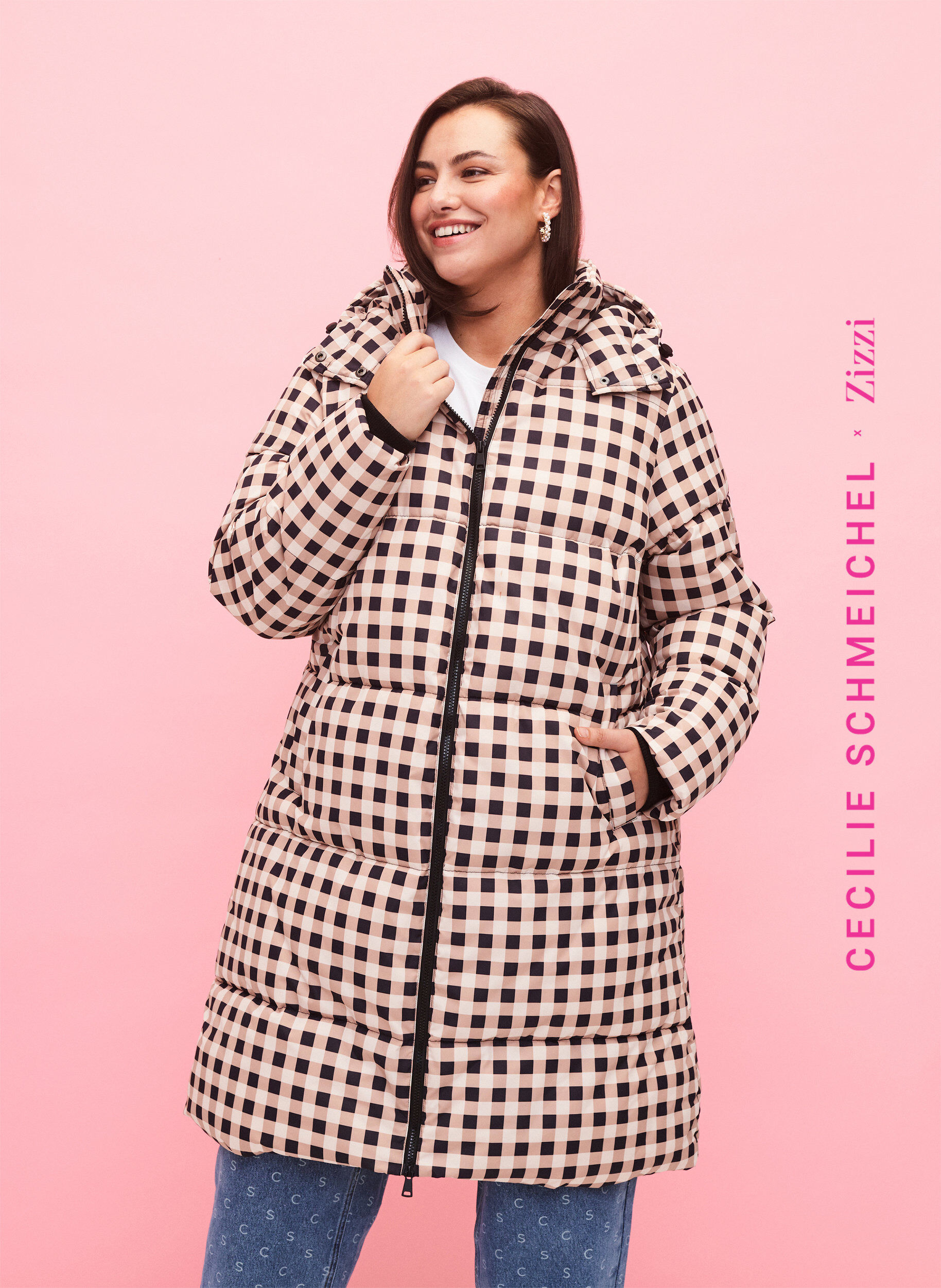 Zizzi Sjekket puffer vinterjakke, Black w. Nomad Check, Model image number 0