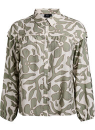 Trykt skjortebluse med rysjedetaljer, Oil Green Grap. AOP