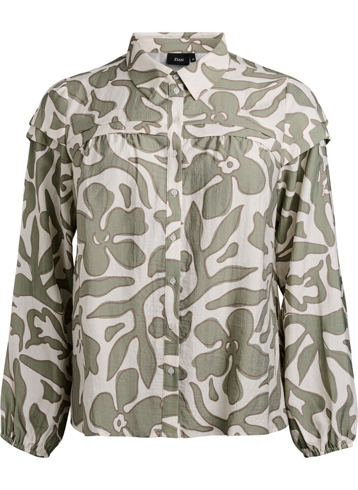 Trykt skjortebluse med rysjedetaljer, Grønn, Packshot image number 0