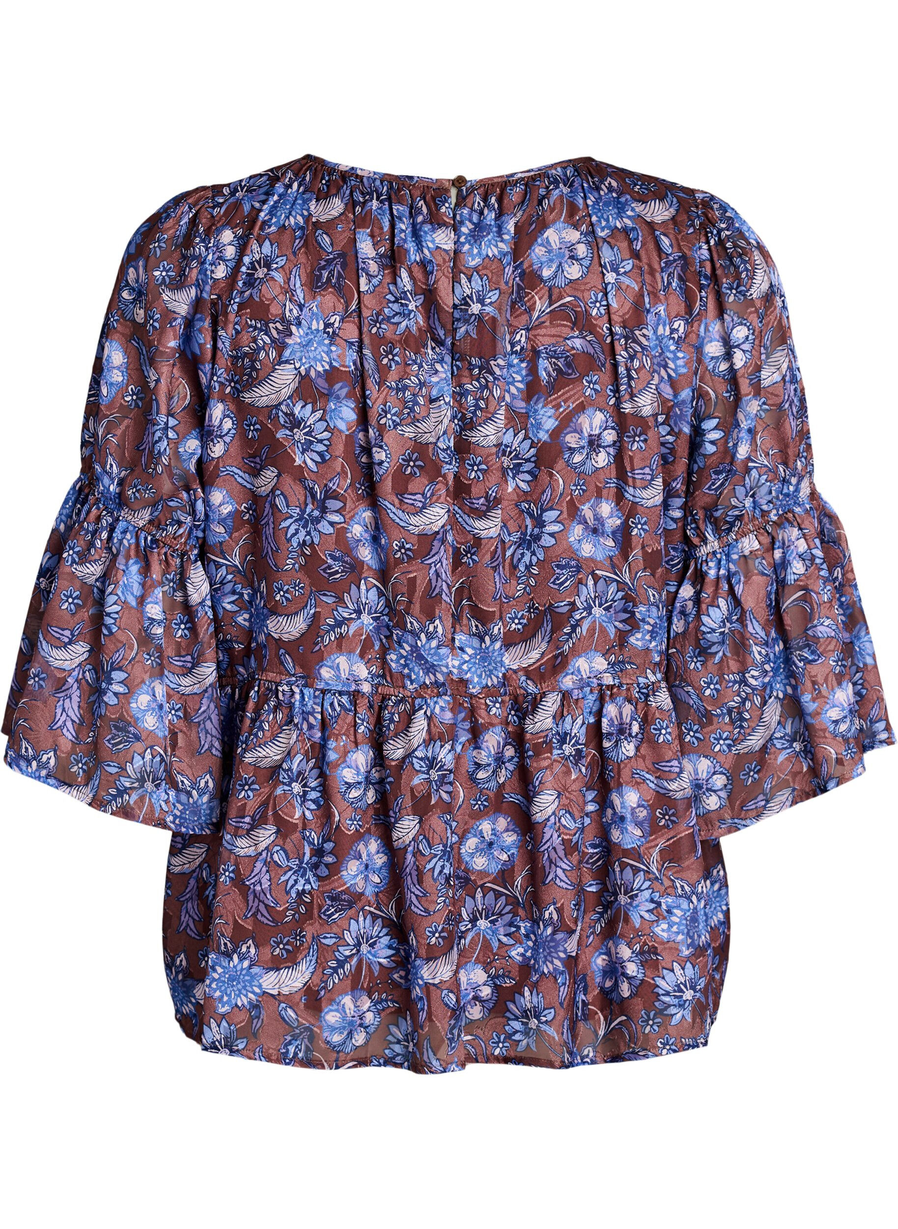 ZizziBluse med blomster og volangermer, Brun, Packshot image number 1