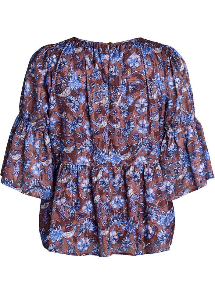Bluse med blomster og volangermer, Brun, Packshot image number 1