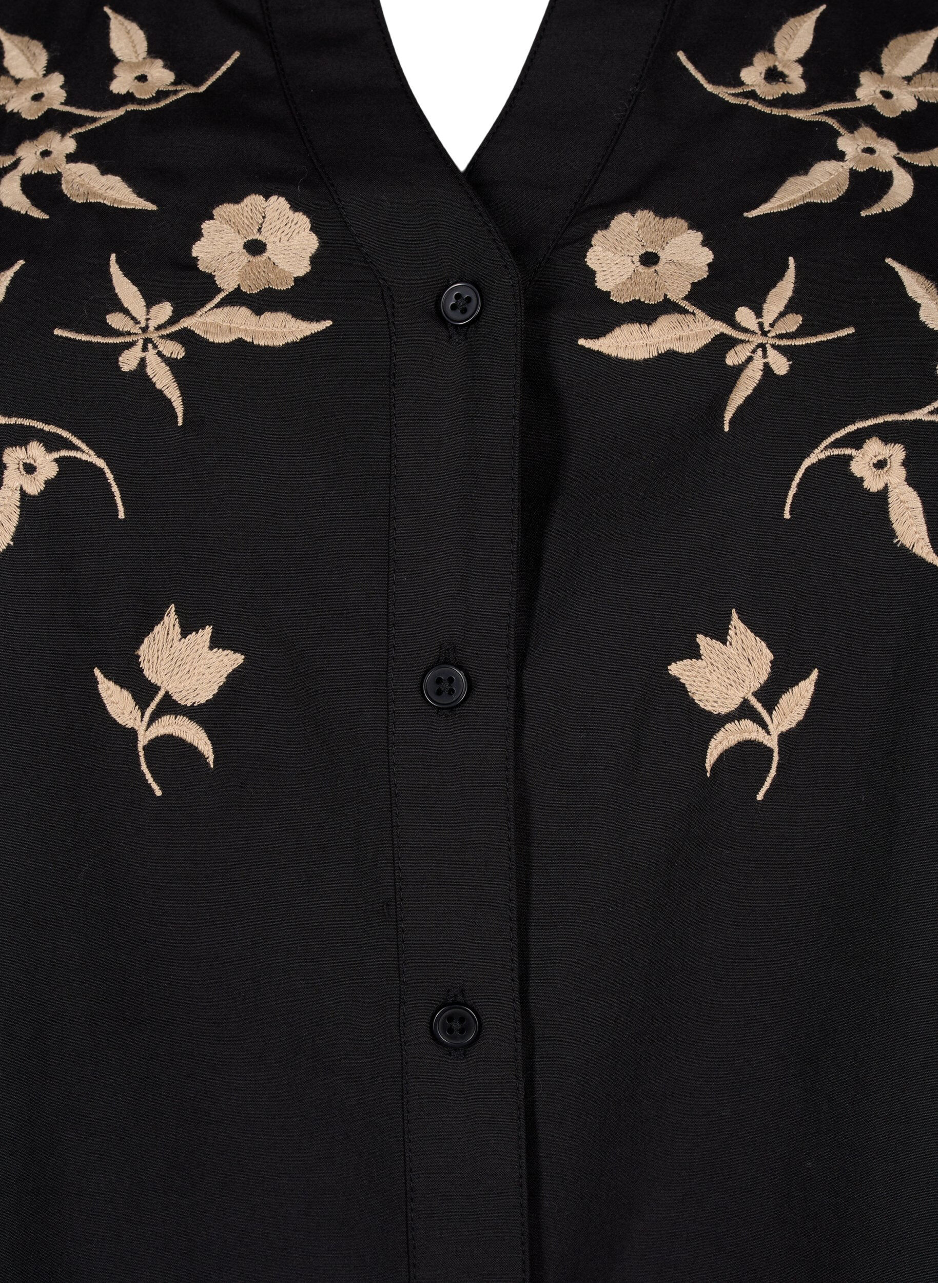 Zizzi Skjortebluse med broderte blomster og 3/4-ermer, Black W. Beige Emb. , Packshot image number 2