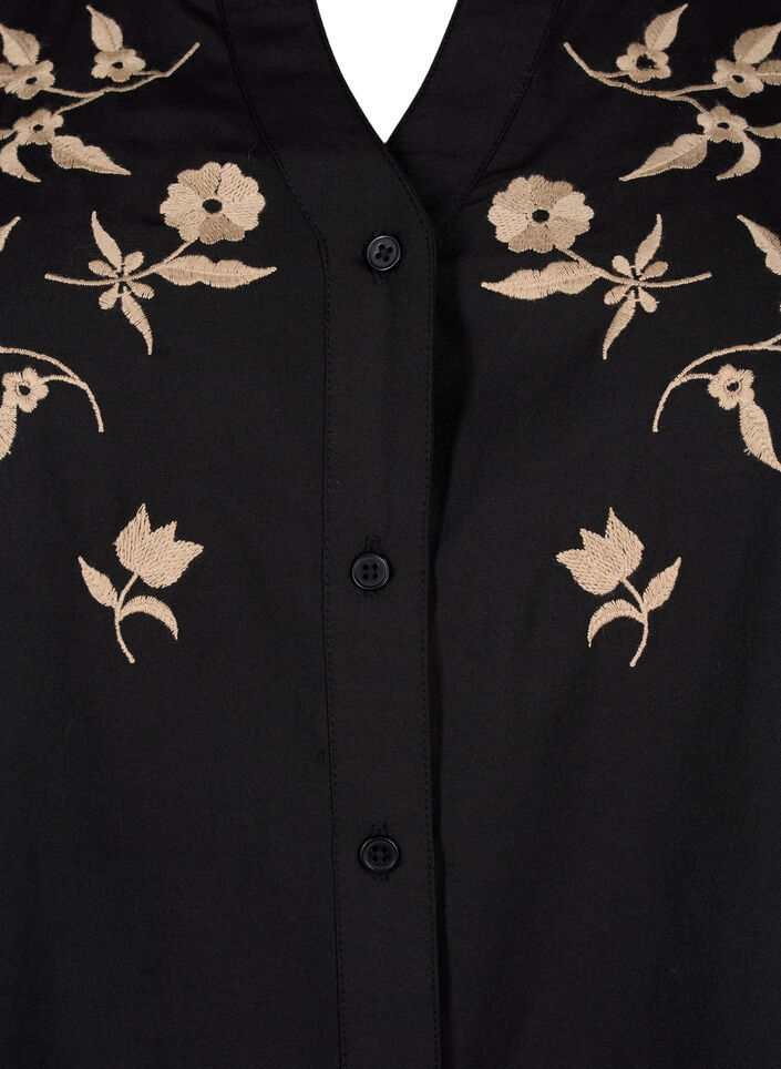 Skjortebluse med broderte blomster og 3/4-ermer, Black W. Beige Emb. , Packshot image number 2