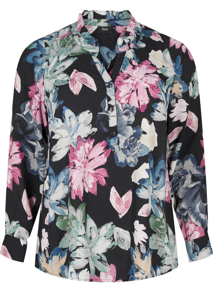 Langermet bluse med blomstertrykk, Rose Flower AOP, Packshot image number 0