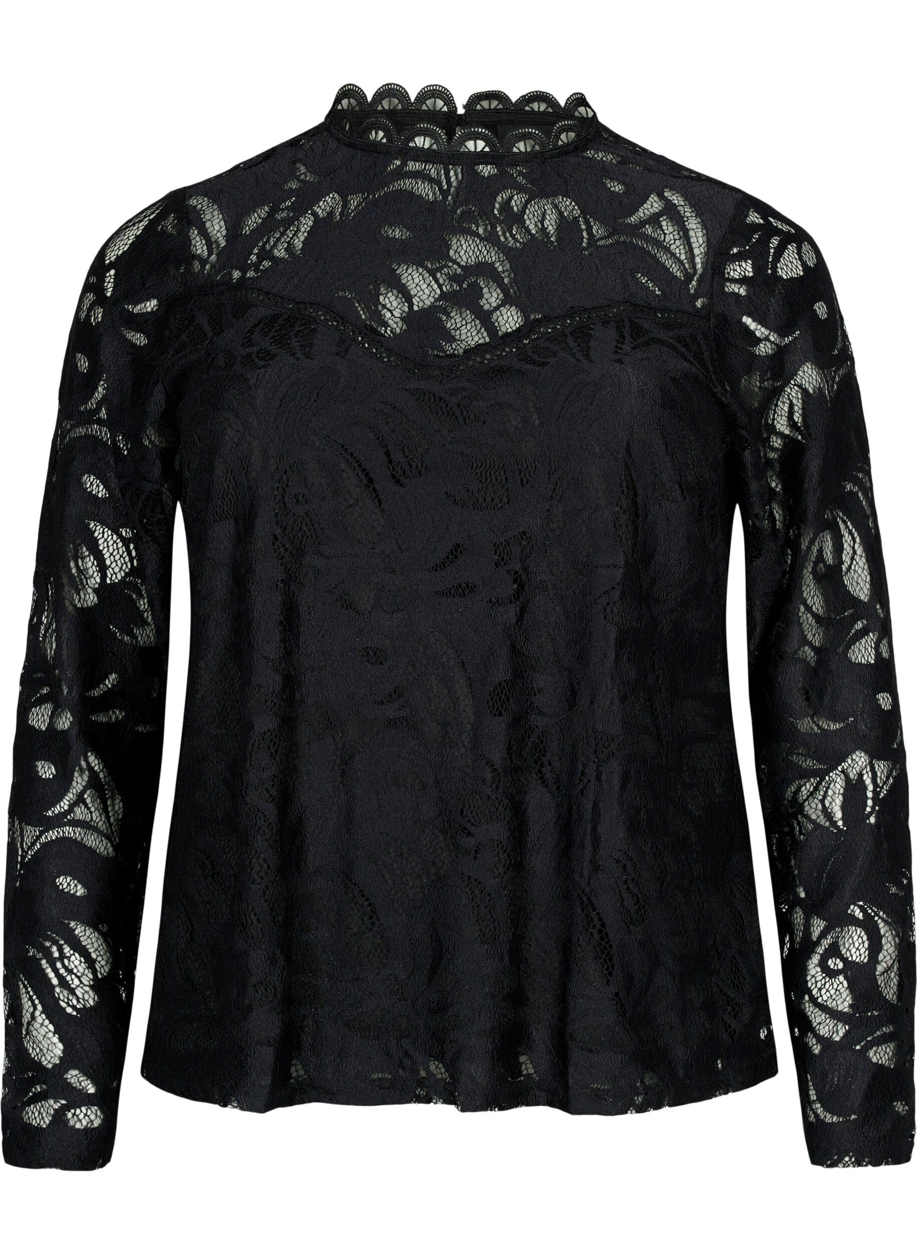 Zizzi Bluse med lange ermer og blonder, Black, Packshot image number 0