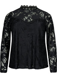 Bluse med lange ermer og blonder, Black