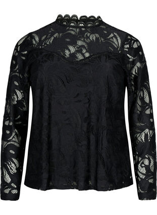 Bluse med lange ermer og blonder, Black, Packshot image number 0