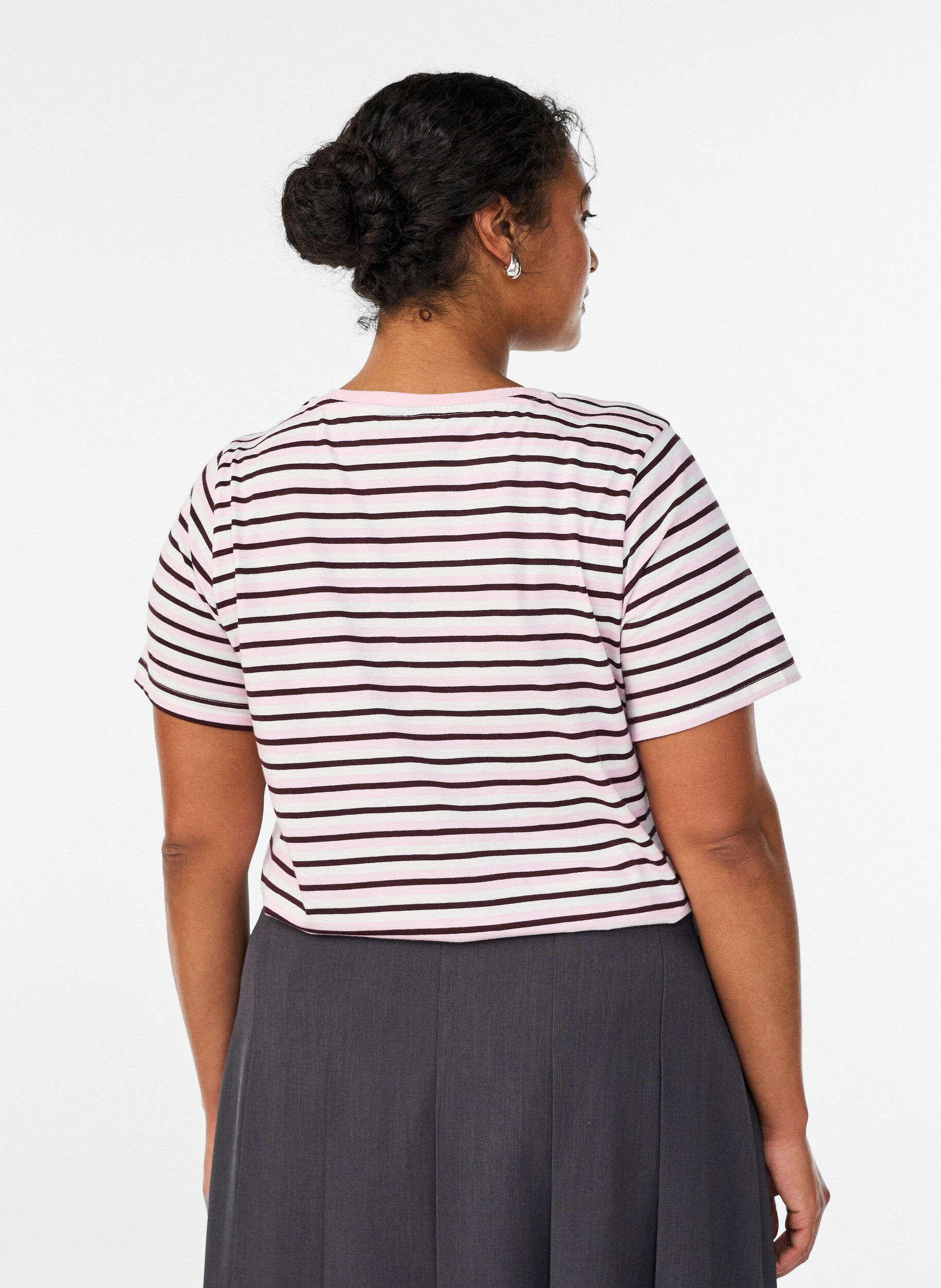 Zizzi Bomulls T-skjorte med striper, Rosa, Model image number 2