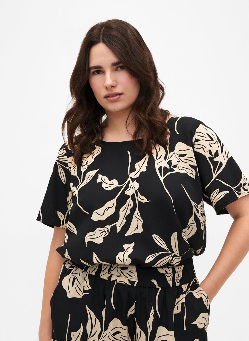 FLASH - Kortermet bluse med trykk, Black Off White Fl., Model image number 0