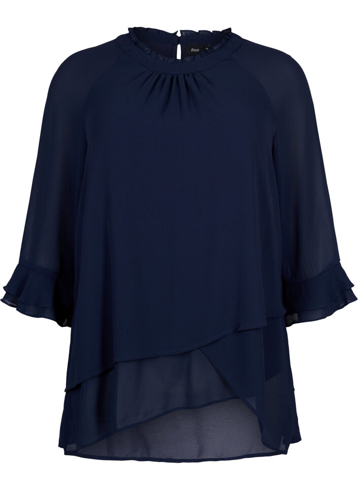 Bluse med asymmetrisk kant og 3/4-ermer, Navy Blazer, Packshot image number 0