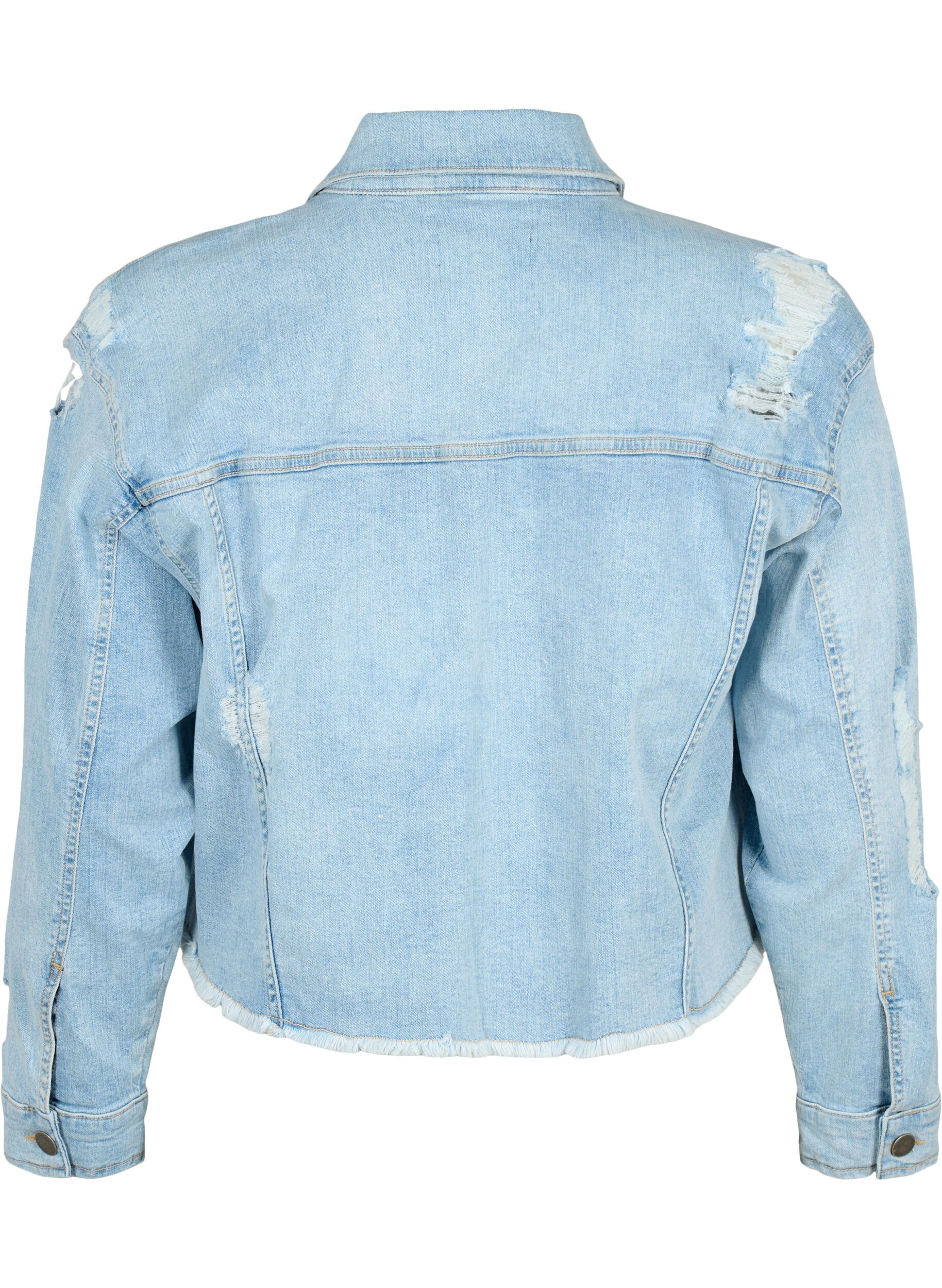 Zizzi Kort dongerijakke med detaljer med slitasje, Light Blue Denim, Packshot image number 1