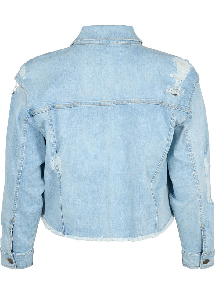Kort dongerijakke med detaljer med slitasje, Light Blue Denim, Packshot image number 1