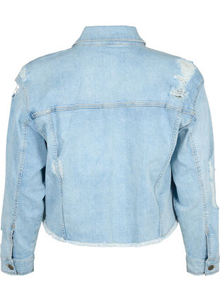 Zizzi Kort dongerijakke med detaljer med slitasje, Light Blue Denim, Packshot image number 1
