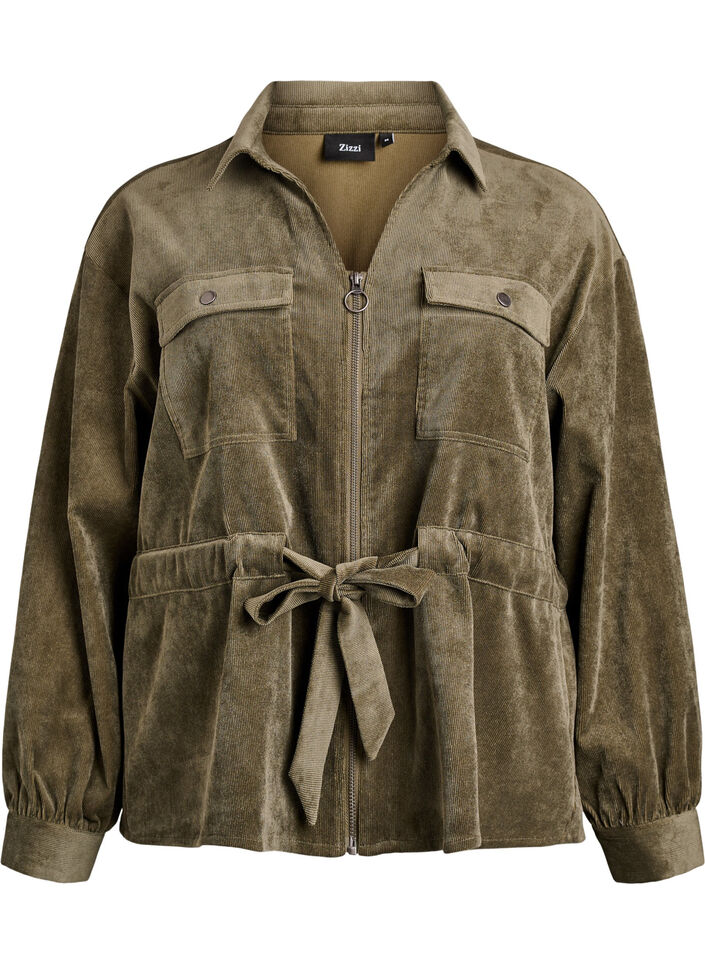 Cordfløyelshacket med knytebelte og lommer, Grønn, Packshot image number 0