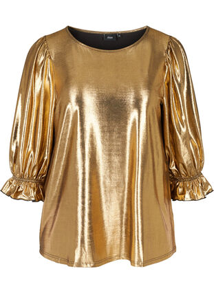 Shiny bluse med 3/4-puffermer, Gold, Packshot image number 0