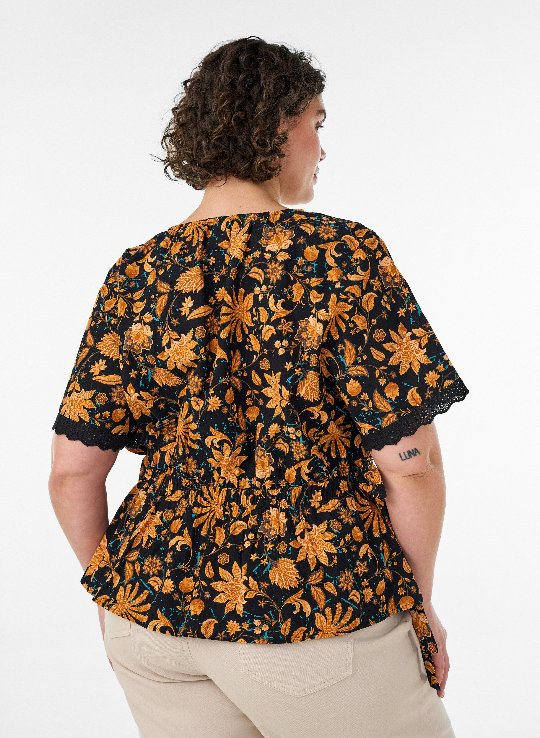 ZizziBlomstret bomullsbluse med knyting, Orange, Model image number 2