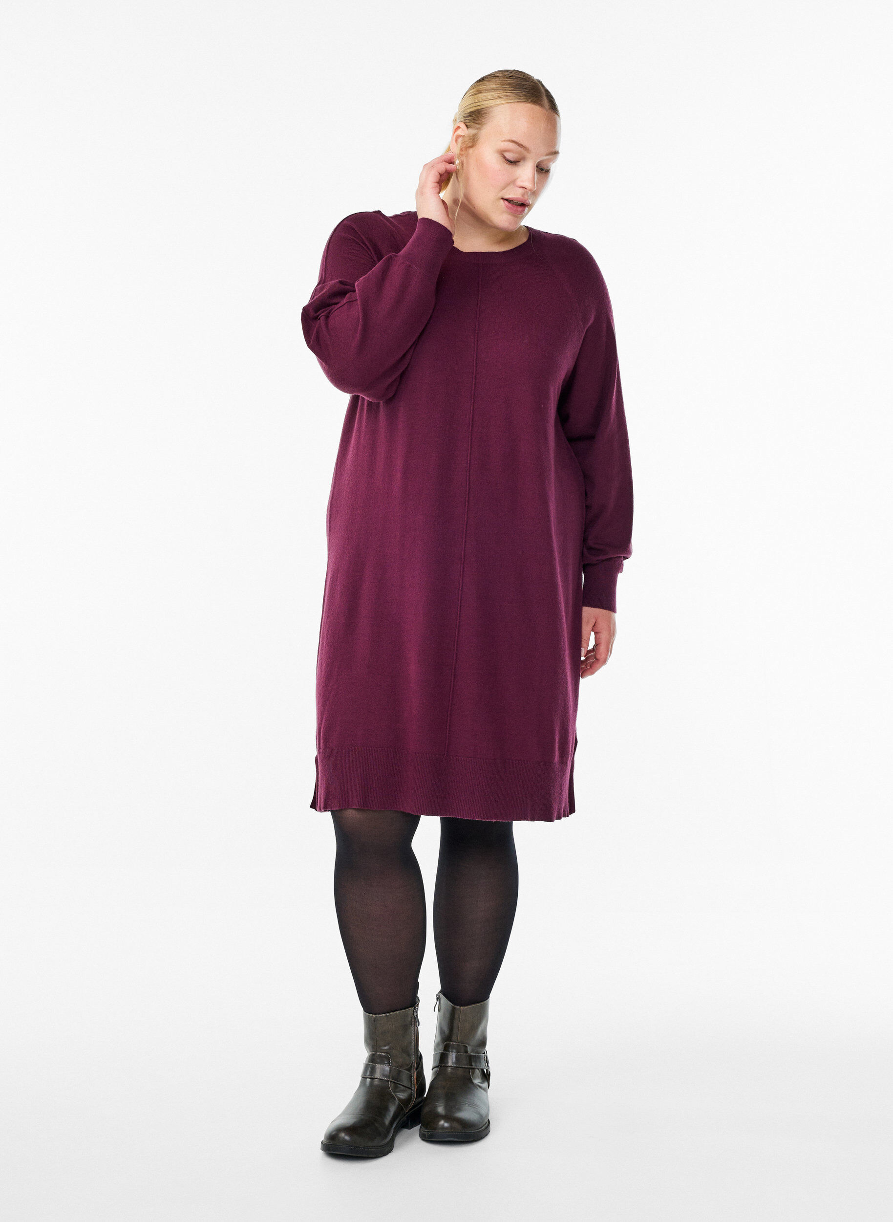 ZizziKort strikkekjole med raglanermer og en midts&oslash;m, R&oslash;d, Model image number 1