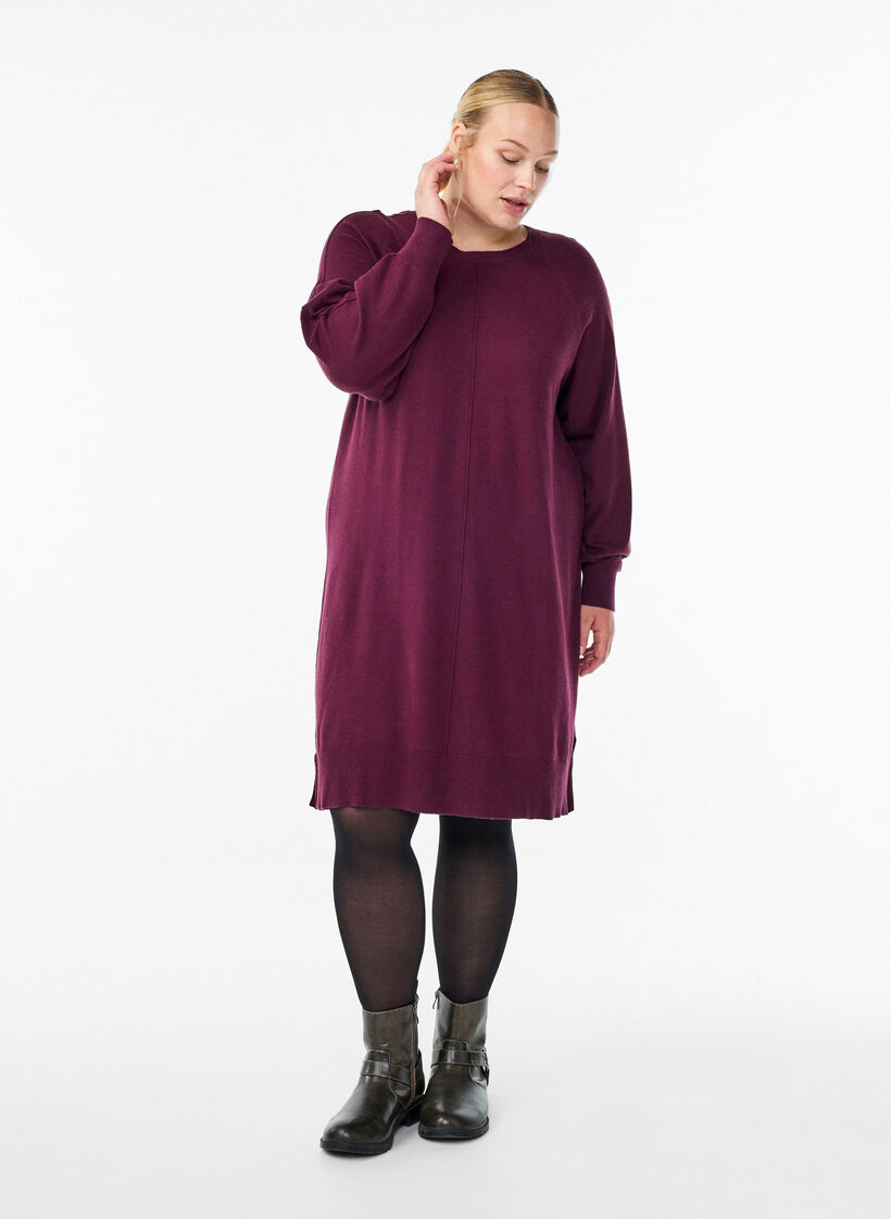 Kort strikkekjole med raglanermer og en midts&oslash;m, R&oslash;d, Model image number 1