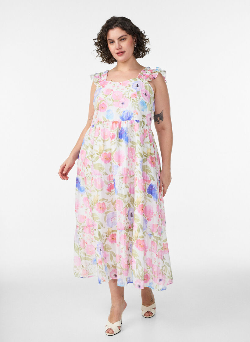 Lang blomstrete kjole i lyocell med volanger, Hvit, Model image number 0