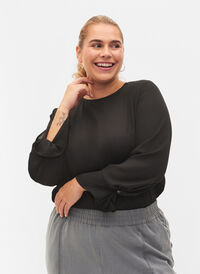 Ensfarget bluse med lange ermer, Black, Model