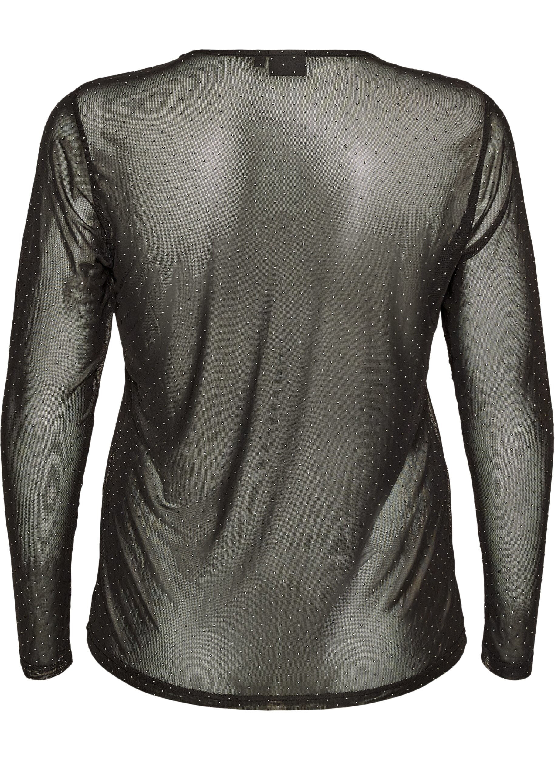 ZizziGjennomsiktig meshbluse med rhinesteiner, Svart, Packshot image number 1