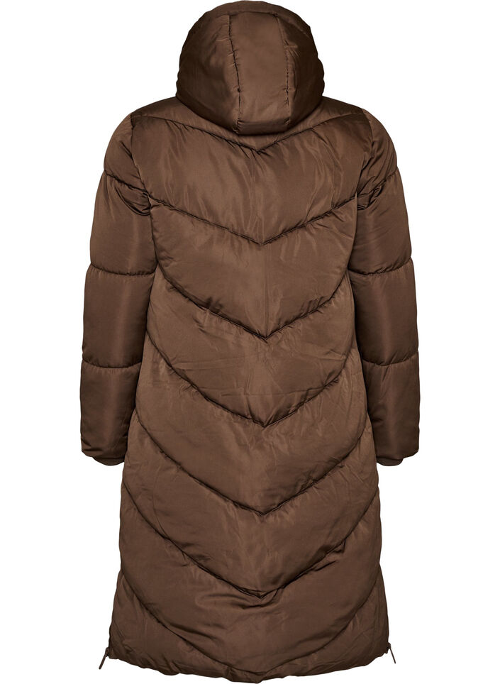 Lang pufferjakke med hette og lommer, Brun, Packshot image number 1