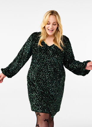 Zizzi Paillettkjole med V-hals og rutemønster, Rain Forest Sequins, Model image number 2