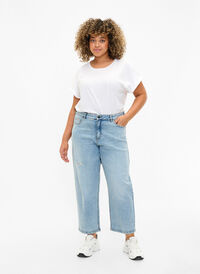 Cropped Vera jeans med destroy-detaljer	, Blue Denim, Model